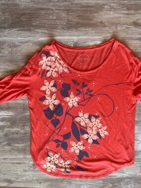 Lucky Brand M 3/4 Sleeve Cherry Blossom Coral Pink Orange Top Shirt T-Shirt